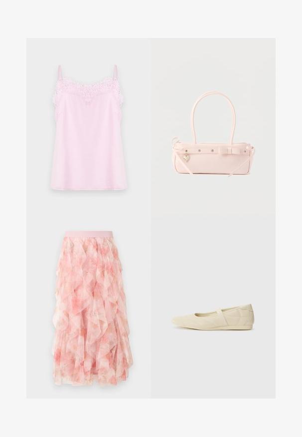 Lyserød camisole med justerbare stropper, der har en delikat spidskant langs udskæringen og en glat, blød stofoverflade.; Pink lagdelt tyll midi nederdel med blomsterprint og elastisk taljebånd, med bløde flæseteksturer.; Lysebrune ballet flats med en glat læderoverflade, mandelformet tå og elastisk rem over vristen, med diskrete syninger.; Lyserød rektangulær håndtaske med dobbelte håndtag, dekorativ sløjfe, metalnitter og lille hjerteformet vedhæng på en ensfarvet baggrund.