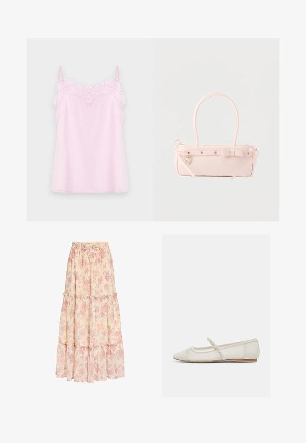 Camisole rose avec des bretelles réglables, ornée d'une délicate bordure en dentelle le long de l'encolure et d'une texture de tissu lisse et doux.; Jupe longue beige avec motif floral rose, taille élastique avec cordon et détails à volants superposés.; Chaussure plate ivoire à bout pointu avec bride ornée de perles et petit talon en bois, vue de côté sur un fond clair.; Sac à main rectangulaire rose pâle avec double poignée, nœud décoratif, œillets métalliques et petit charm en forme de cœur sur un fond uni.