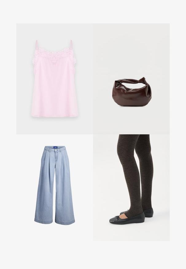 Camisole rose avec des bretelles réglables, ornée d'une délicate bordure en dentelle le long de l'encolure et d'une texture de tissu lisse et doux.; Pantalon en denim bleu clair à jambes larges avec plis à l'avant, fermeture par boutons et étiquette JJXX sur la ceinture intérieure.; Jambes portant des leggings côtelés foncés associés à des ballerines noires avec de petits détails en nœud sur fond blanc.; Sac bandoulière en cuir marron foncé avec une forme souple et décontractée et une anse nouée torsadée sur un fond blanc uni.