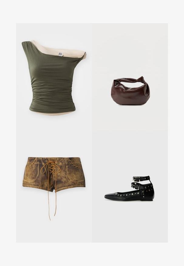 BDG Urban Outfitters FREYA TWIST - Μπλούζα - khaki; Καφέ σορτς με κορδόνια που έχουν υφή και αντίθετα καφέ κορδόνια. Διαθέτει τρυπούλες και εφαρμοστή σχεδίαση για σφιχτή εμφάνιση.; Replay SABINE DOUBLE - Μπαλαρίνες - black; Σκούρα καφέ δερμάτινη τσάντα ώμου με μαλακό, χαλαρό σχήμα και λαβή με στριμμένο κόμπο σε απλό λευκό φόντο.