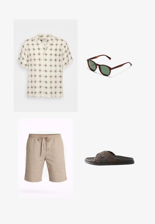 Lichtcrème overhemden met korte mouwen en een zwart-grijze ruitpatroon, voorzien van een camp collar en één borstzak.; Beige knielange korte broek met elastische tailleband en voorste trekkoord, gemaakt van lichtgewicht stof, afgebeeld op een witte achtergrond.; Donkerbruine heren slide sandaal met gevlochten leren gekruiste bandjes en een zwarte zool op een witte achtergrond.; Bruine schildpaddenbril met ronde monturen, groene lenzen en gemusterde pootjes. Heeft het merklogo op één poot.
