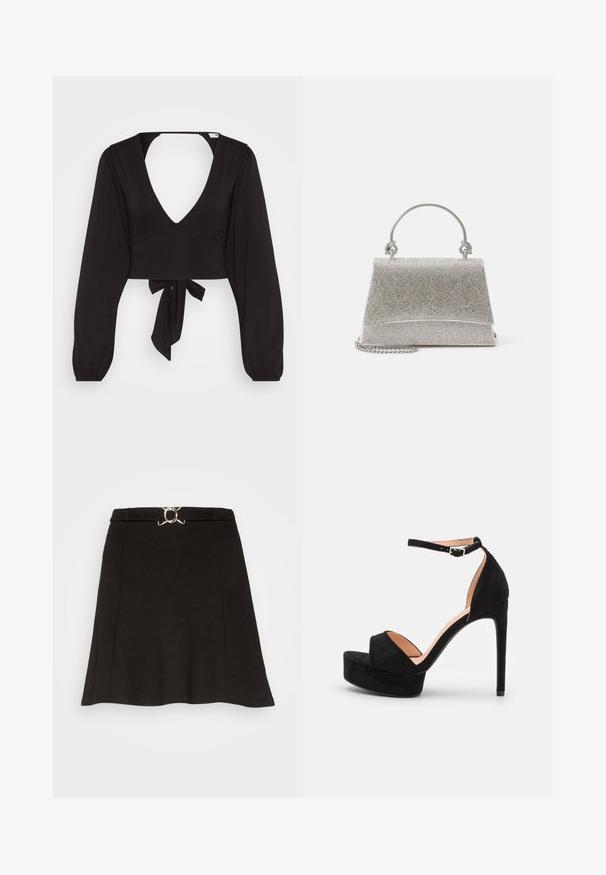 Top court noir avec de longues manches bouffantes, décolleté en V profond et fermeture nouée à la taille, fabriqué dans un tissu lisse et extensible.; Even&Odd by Zalando Minijupe - black; Sandale à talons hauts en daim noir avec une semelle compensée, bride de cheville avec quincaillerie en argent, design à bout ouvert et texture lisse.; ALDO FELISIA - Sac à main - silver-coloured