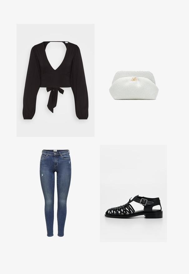 Čierny cropped top s dlhými puff rukávmi, hlbokým V výstrihom a viazaním v páse, vyrobený z hladkej a elastickej tkaniny.; Modré úzke džínsy s miernym poškodením na stehnách, predné zapínanie na gombík a zips, predné a zadné vrecká a pútka na opasok.; Čierna sandála z polyuretánu s tkaným dizajnom, otvorenou špičkou, nastaviteľným remienkom so sponou a pevnou plochou podrážkou.; Biela textúrovaná tkaná listová kabelka so zlatým logom v strede horného chlopňa na bielom pozadí.
