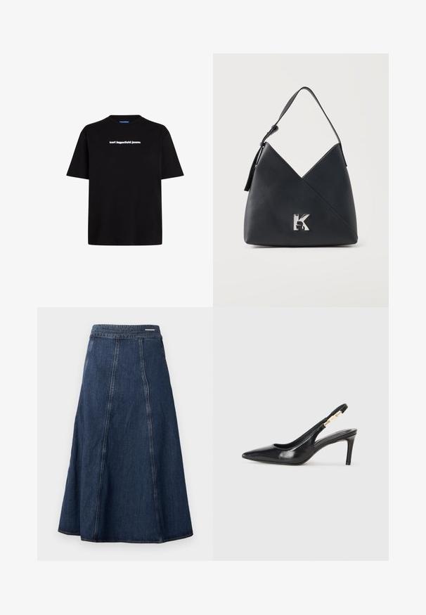 Čierne bavlnené tričko s krátkymi rukávmi, s bielym textovým logom "karl lagerfeld jeans" na prednej strane. Dizajn s okrúhlym výstrihom.; Džínsová sukňa vo forme A v tmavomodrej farbe, s vysokým pásom a švovými detailmi. Tkanina má hladkú textúru s jemným leskom.; Čierna kožená lodička na podpätku so špicatou špičkou, hladkou textúrou a úzkym remienkom okolo členka s zlatými akcentmi.; Čierna textúrovaná kožená taška cez rameno s uhlovým dizajnom a strieborným kovovým logom "K" na prednej strane.
