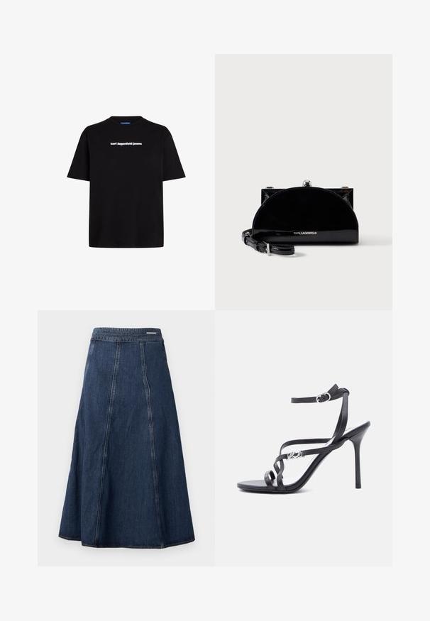 Sort bomulds t-shirt med korte ærmer, der har et hvidt tekslogo "karl lagerfeld jeans" på forsiden. Rund hals design.; Denim A-line nederdel i mørkeblå, med høj talje og sømdetaljer. Stoffet har en glat tekstur med en subtil glans.; Sort højhælet sandal med tynde stropper, ankelspænde og en metal-logo detalje på siden af stroppen, sat mod en hvid baggrund.; Sort skinnende halvmåneformet clutch-taske med sølvrammelås og justerbar rem, mærket med Karl Lagerfeld-logo på fronten.