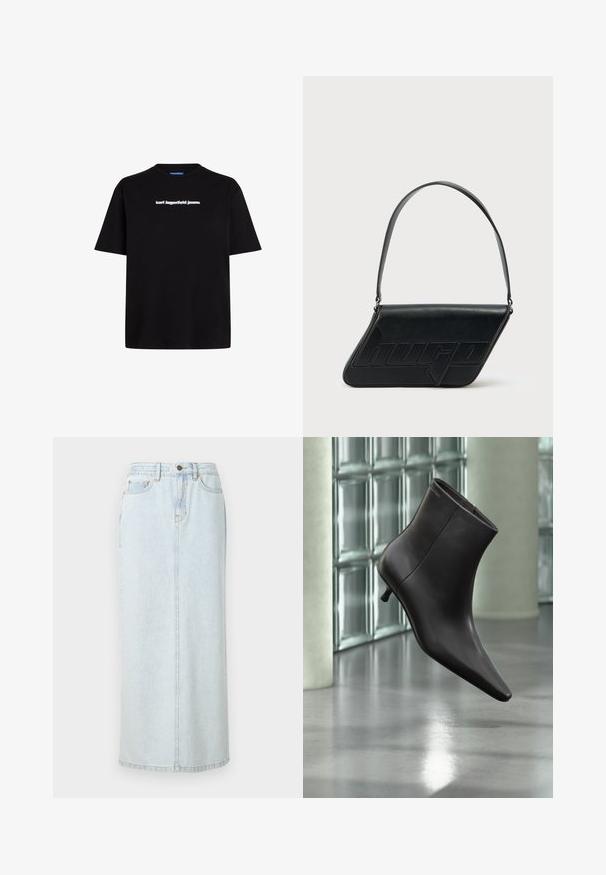 Schwarzes Baumwoll-T-Shirt mit kurzen Ärmeln, das auf der Vorderseite ein weißes Textlogo "karl lagerfeld jeans" trägt. Rundhalsausschnitt-Design.; Hellblauer Denim-Maxi-Rock mit geradem Design, vorderer Knopfverschluss und sichtbaren Nähten. Verfügt über zwei Fronttaschen.; Schwarzer Leder-Knöchelstiefel mit spitzer Spitze und kleinem Absatz vor einer Wand aus Glasbausteinen und einem polierten Boden.; Schwarze Leder-Umhängetasche mit dreieckiger Form, geprägt mit Logo und einem einzigen verstellbaren Riemen. Minimalistisches Design mit glatter Textur.