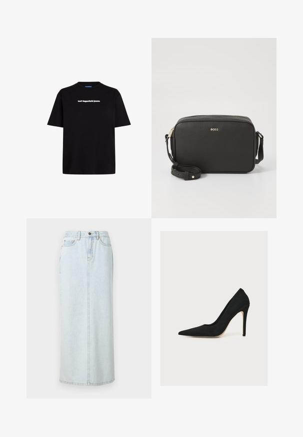 Sort bomulds t-shirt med korte ærmer, der har et hvidt tekslogo "karl lagerfeld jeans" på forsiden. Rund hals design.; Lyseblå denim maxi-nederdel med lige design, frontknaplukning og synlige syninger. Har to frontlommer.; Sort spids stilet med tynd hæl, fotograferet fra siden på hvid baggrund.; Sort læder crossbody taske med struktureret overflade, lynlås-lukning, justerbar rem og metallisk logo på forsiden.
