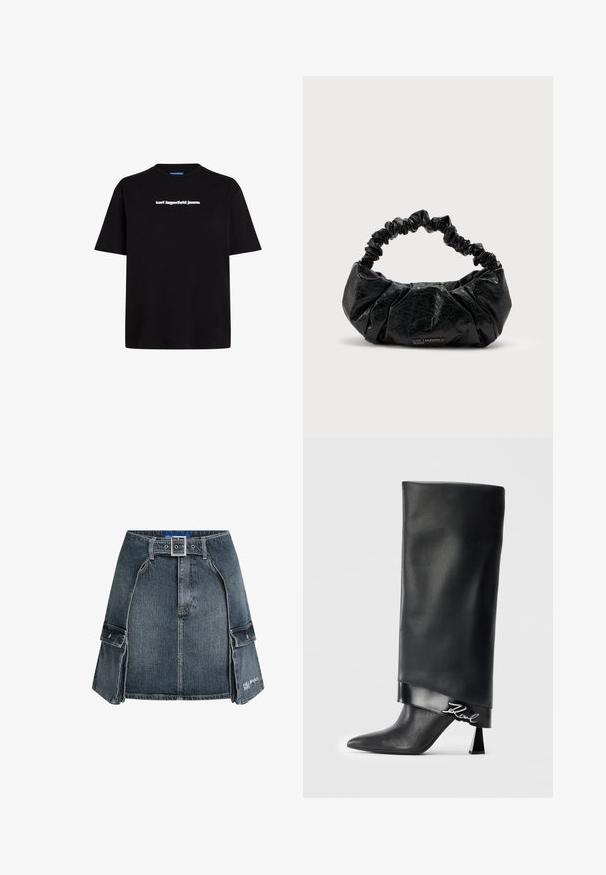 Sort bomulds t-shirt med korte ærmer, der har et hvidt tekslogo "karl lagerfeld jeans" på forsiden. Rund hals design.; Mørk denim A-line mini nederdel med forreste spænde rem, sidelommer med klap og "KARL LAGERFELD JEANS" logo broderi på kanten.; Sort læderboot til midt på læggen med spids tå, geometrisk blokhæl og skinnende kant med et sølv "Karl" logo detajle.; Sort tekstureret læderhåndtaske med samlet elastikhåndtag og diskret "Karl Lagerfeld Jeans" logo foran nederst i midten.