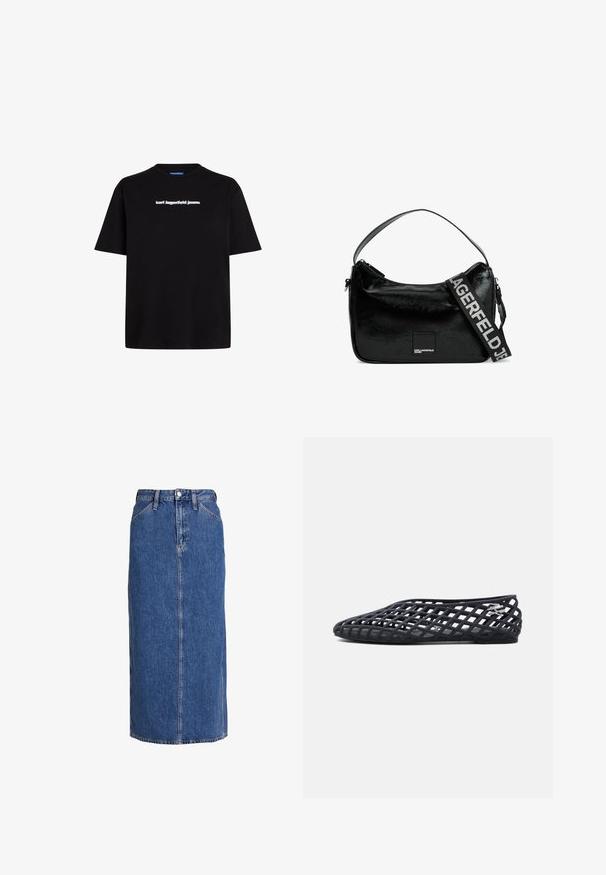 Sort bomulds t-shirt med korte ærmer, der har et hvidt tekslogo "karl lagerfeld jeans" på forsiden. Rund hals design.; Denim midi nederdel i mellemblå med lige snit, forkant knaplukning, to sidelommer og synlige sømme for struktur.; Sort flad sko med gittermønster og lille sølvfarvet dekorativt logo på siden, vist fra ydersiden.; Sort håndtaske med en blank, tekstureret finish. Har et kort håndtag og en aftagelig rem med "LAGERFELD" trykt i hvidt.
