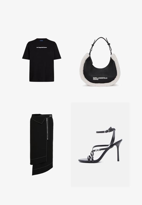 Schwarzes Baumwoll-T-Shirt mit kurzen Ärmeln, das auf der Vorderseite ein weißes Textlogo "karl lagerfeld jeans" trägt. Rundhalsausschnitt-Design.; Schwarze Midirock mit weitem Kragen, seitlichem Reißverschluss, weißen Stichakzenten und asymmetrischem Saumdesign. Glatte Textur.; Schwarze Sandalette mit hohem Absatz, dünnen Riemen, einem Schnallenverschluss am Knöchel und einem Metall-Logodetail am seitlichen Riemen, vor weißem Hintergrund.; Schwarze Handtasche mit einem weichen, weißen Kunstpelzbesatz, die eine runde Form hat und mit einem Reißverschluss geschlossen wird. Das Logo "KARL LAGERFELD JEANS" ist gut sichtbar angebracht.