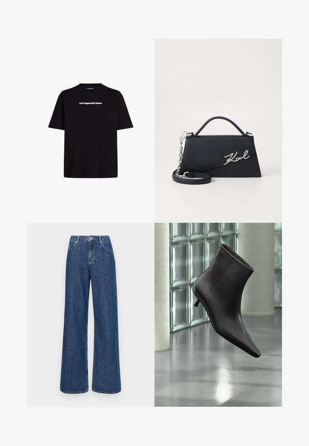Čierne bavlnené tričko s krátkymi rukávmi, s bielym textovým logom "karl lagerfeld jeans" na prednej strane. Dizajn s okrúhlym výstrihom.; Džíny s širokými nohavicami z modrej denimu s vysokým pásom, so prednými vreckami a jedným gombíkom na zapínanie. Štruktúrovaná tkanina s viditeľným šitím.; Čierna kožená členková obuv s ostrou špičkou a nízkym podpätkom, zobrazená na pozadí steny zo sklenených blokov a leštenej podlahy.; Čierna kožená kabelka v trojuholníkovom tvare, so strieborným detailom loga "Karl" a odnímateľným retiazkovým popruhom. Hladká textura a štruktúrovaný dizajn.