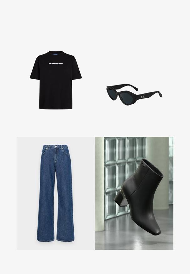 Čierne bavlnené tričko s krátkymi rukávmi, s bielym textovým logom "karl lagerfeld jeans" na prednej strane. Dizajn s okrúhlym výstrihom.; Džíny s širokými nohavicami z modrej denimu s vysokým pásom, so prednými vreckami a jedným gombíkom na zapínanie. Štruktúrovaná tkanina s viditeľným šitím.; Čierna kožená členková čižma s blokovým podpätkom, logo DKNY blízko hornej časti, zobrazená na pozadí sklenenej blokovej steny a leštenej betónovej podlahy.; Čierne slnečné okuliare v štýle mačacích očí s lesklým povrchom, tmavými sklami a logom "cK" na spánku. Ostrý dizajn a hrubé rámy.