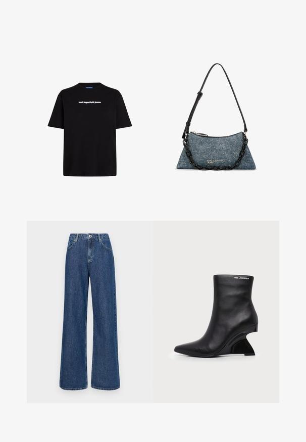 Sort bomulds t-shirt med korte ærmer, der har et hvidt tekslogo "karl lagerfeld jeans" på forsiden. Rund hals design.; Bredde blå denim jeans med høj talje, udstyret med forlommer og en enkelt knaplukning. Tekstureret stof med synlige sømme.; Sort læderankelstøvle med buet skulptureret hæl og Karl Lagerfeld-logo nær den øverste kant på hvid baggrund.; Blå denim trekantet skuldertaske med sort justerbar strop, sort kædedetalje og sølvfarvet "Karl Lagerfeld Jeans" logo.