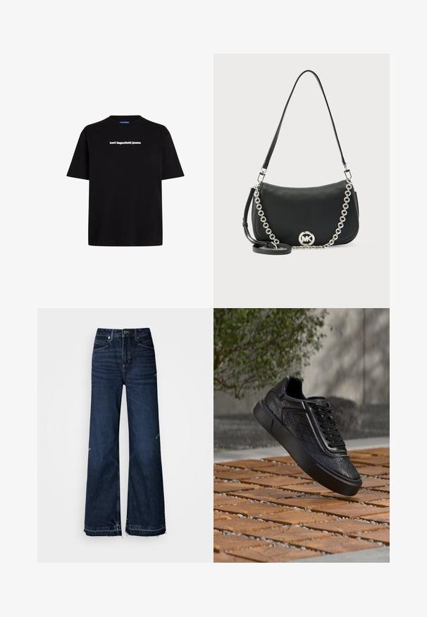 Čierne bavlnené tričko s krátkymi rukávmi, s bielym textovým logom "karl lagerfeld jeans" na prednej strane. Dizajn s okrúhlym výstrihom.; Rifle s vysokým pásom a širokými nohavicami vyrobené z tmavého denimu. Majú ošúchané lemy a dizajn s piatimi vreckami so zvýrazneným šitím.; Čierna teniska s vyrazeným geometrickým vzorom a čiernymi šnúrkami, ktorá visí nad textúrovaným dreveným a štrkovým povrchom vonku.; Čierna kožená kabelka na rameno s reťazou a koženým popruhom, zaoblený tvar, textúrovaný povrch a výrazné logo MK na prednej strane.
