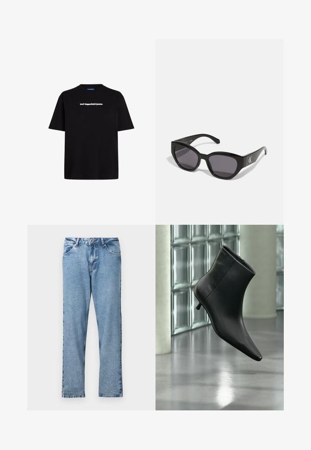 Sort bomulds t-shirt med korte ærmer, der har et hvidt tekslogo "karl lagerfeld jeans" på forsiden. Rund hals design.; Lyseblå denimjeans med lige ben, udstyret med lynlås, fem lommer og en subtil slidt tekstur.; Sort læderankelstøvle med spids tå og lav kitten-hæ, vist vinklet mod en poleret gulv- og glasblokvæg.; Sorte solbriller med et strømlinet, vinklet design, mørke linser og et kontrasterende sølvlogo på siden. Glat plastoverflade.
