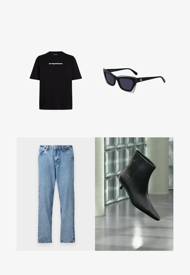 Sort bomulds t-shirt med korte ærmer, der har et hvidt tekslogo "karl lagerfeld jeans" på forsiden. Rund hals design.; Lyseblå denimjeans med lige ben, udstyret med lynlås, fem lommer og en subtil slidt tekstur.; Sort læderankelstøvle med spids tå og lav kitten-hæ, vist vinklet mod en poleret gulv- og glasblokvæg.; Store sorte oversized solbriller med geometrisk form, med mørke linser og en kontrasterende grå detalje på stellet. Logo på armen.