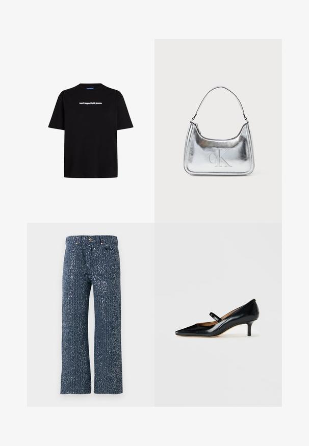 Sort bomulds t-shirt med korte ærmer, der har et hvidt tekslogo "karl lagerfeld jeans" på forsiden. Rund hals design.; Bredde bukser i mørkeblå med en struktureret, glitrende overflade. Har to forlommer og en knaplukning med guld accenter.; Sorte patenterede læder Mary Jane sko med spids tå og lav kitten hæl, præsenteret på hvid baggrund.; Sølvmetallic håndtaske med en buet form, lynlåslukning og skulderrem. Har et præget "CK" logo på fronten.