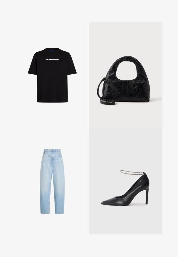 Čierne bavlnené tričko s krátkymi rukávmi, s bielym textovým logom "karl lagerfeld jeans" na prednej strane. Dizajn s okrúhlym výstrihom.; Svetlomodré rifle s vysokým pásom a rovnými nohavicami, s prednými vreckami, pútkami na opasok a zapínaním na gombík.; Čierne kožené lodičky na vysokom opätku s špicatou špičkou, s tenkým strieborným remienkom okolo členku a hladkým, elegantným povrchom.; Čierna kožená kabelka s zakrivenou hornou rukoväťou, jemným diamantovým vzorom a odnímateľným popruhom. Povrch je hladký s embosovanými detailmi.