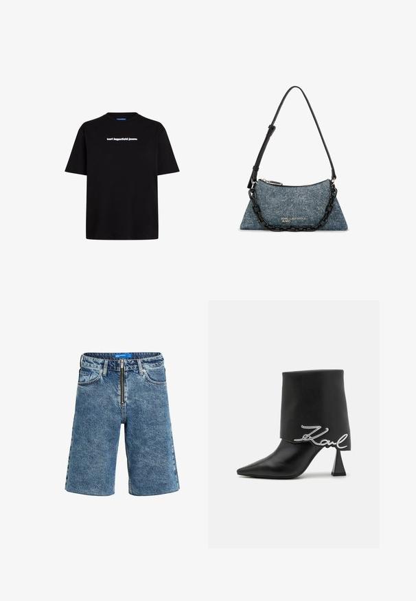 Čierne bavlnené tričko s krátkymi rukávmi, s bielym textovým logom "karl lagerfeld jeans" na prednej strane. Dizajn s okrúhlym výstrihom.; Džínové šortky v svetlom modrom praní, s uzáverom na zips, piatimi vreckami a rovnou nohou s detailmi na roztrhnutých okrajoch.; Čierna kožená členková čižma s špicatou špičkou, vysokým hrubým podpätkom a preloženým vrchom s detailom strieborného loga "Zaul".; Modrá trojuholníková ramenná taška z denimu s čiernym nastaviteľným remienkom, čiernym reťazovým detailom a strieborným logom "Karl Lagerfeld Jeans".