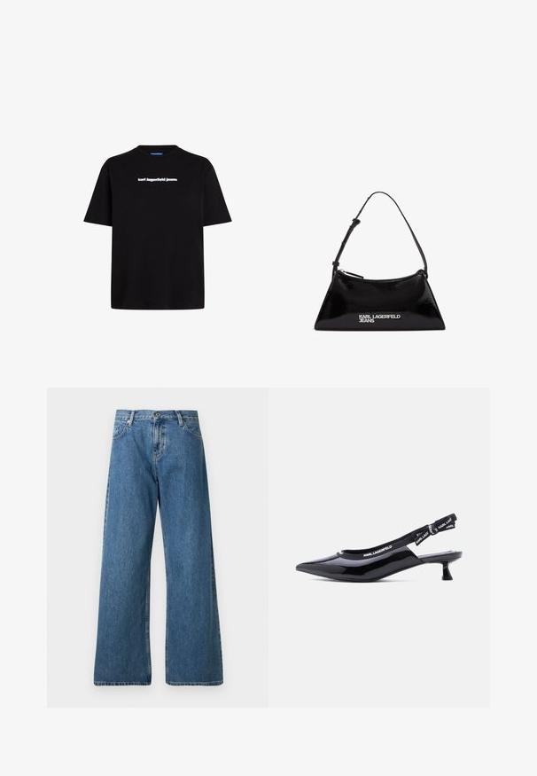 Musta puuvilla t-paita, jossa on lyhyet hihat ja valkoinen tekstilogo "karl lagerfeld jeans" edessä. Pyöreä kaula-aukko.; Leveleihintus farkut keskmises sinises toonis. Valmistatud puuvillast, traditsioonilise viie tasku disainiga ja nööpidega kinnitusega, tooriku servaga.; Mustat patenttinahkaiset slingback-korkokengät, joissa kärkiosa on terävä ja joissa on brändätty joustava hihna, jossa lukee "KARL LAGERFELD."; Mustan kiiltävän nahkan käsilaukku kolmion muotoisena, varustettuna ylhäältä avattavalla vetoketjulla ja säädettävällä hihnalla. "KARL LAGERFELD JEANS" -logo hopeisena.