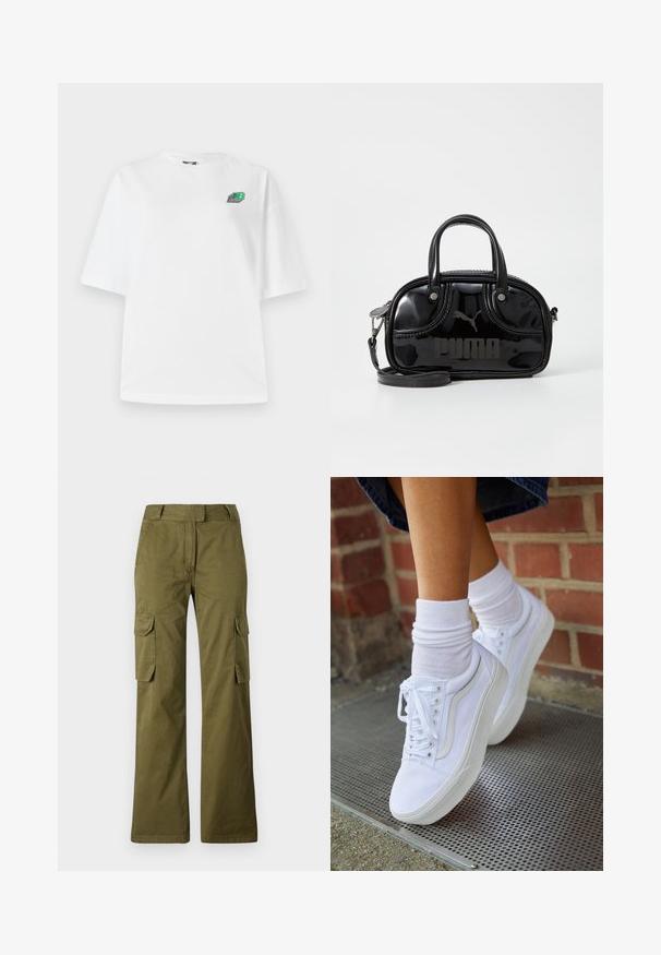 Hvid bomulds T-shirt med kortærmer, oversized pasform, med et lille multicolor logo på venstre brystområde. Glat tekstur.; Oliven grønne cargo bukser lavet af bomuldsblanding, med lige ben design, to sidelommer og en knaplukning i taljen.; Hvide lærreds sneakers med gummisåler, der har seks snørehuller, rund tå og let sømdetaljer, krydret med hvide ankelstrømper.; Sort lakeret håndtaske med dobbelte top-håndtag, aftagelig skulderrem, rund form og et fremtrædende præget "PUMA"-logo.