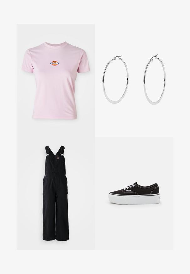 Rosa Baumwoll-T-Shirt mit kurzen Ärmeln, Rundhalsausschnitt und einem kleinen runden Logo in Rot, Gelb und Blau auf der Brust.; Schwarze Denim-Latzhosen mit weitem Bein, verstellbaren Schulterriemen, Fronttasche und silbernen Hardware-Akzenten. Glatte Textur, minimalistisches Design.; Schwarze Leinensneaker mit einer weißen Gummiplattformsohle, weißen Schnürsenkeln und Nähten, ikonischer Markenaufdruck an der Seite, im Low-Top-Design.; Große Silberohrringe mit polierter Metalloberfläche, die ein glattes, kreisförmiges Design und einen sicheren Klappverschluss aufweisen.