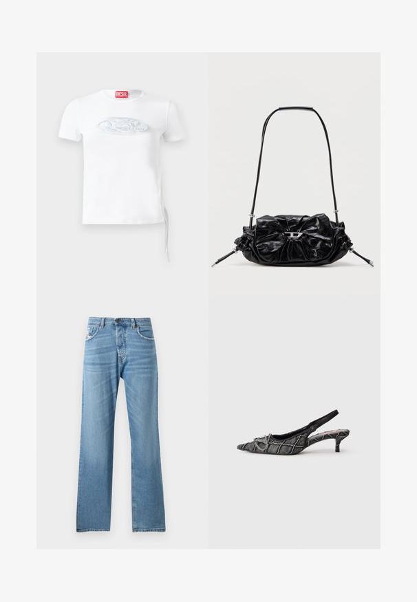 Hvid kortærmet t-shirt lavet af bomuld, med et diskret præget logo i blågrå på brystet og justerbar snørredetalje i siden.; Lyseblå denimjeans med lige ben-design, der har en standard talje, fem lommer og subtilt slid på stoffet.; Sort slingback kittenhæl med spids tå, tekstureret mønster og sølvspænde på hvid baggrund.; Sort læderhåndtaske med et opsamlet design og sløjfedetalje foran. Har en kort hank og sølvfarvede hardware-accenter.