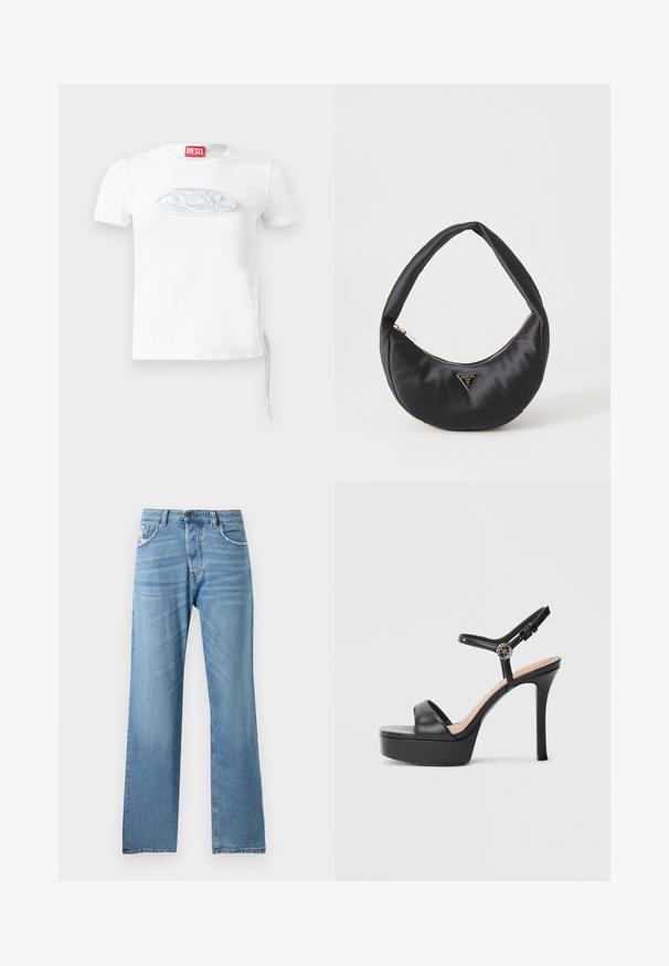 Hvid kortærmet t-shirt lavet af bomuld, med et diskret præget logo i blågrå på brystet og justerbar snørredetalje i siden.; Lyseblå denimjeans med lige ben-design, der har en standard talje, fem lommer og subtilt slid på stoffet.; Sorte platformsandaler med høj stiletthæl, der har en glat læderoverdel, peep toe-design og en justerbar ankelrem med metalbeslag.; Sort satin håndtaske med en buet form, der har en lynlåslukning og et trekantet logo i metal på forsiden. Glat tekstur og slankt design.
