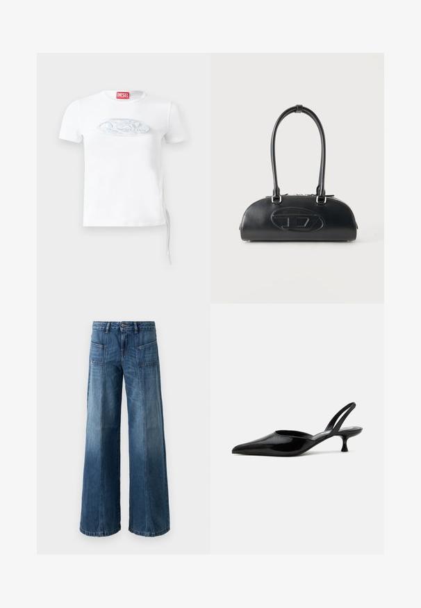 Hvid kortærmet t-shirt lavet af bomuld, med et diskret præget logo i blågrå på brystet og justerbar snørredetalje i siden.; Videbenet jeans i en falmet blå denim. Har fem lommer, en knap- og lynlås-lukning, synlige syninger og en løs pasform.; Sort laklæder slingback kitten heel sko med spids tå og lav buet hæl på ensartet lys baggrund.; Sort læderhåndtaske med lange dobbelte håndtag og præget ovalt logo foran, vist mod en ensartet lys baggrund.