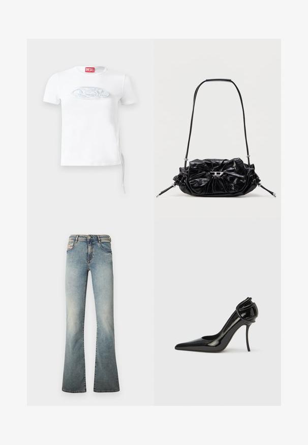 Λευκό βαμβακερό κοντομάνικο T-shirt, με διακριτικό ανάγλυφο λογότυπο σε μπλε-γκρι στο στήθος και λεπτομέρεια με κορδόνι στο πλάι.; Ανοιχτό μπλε τζιν καμπάνα από τζιν ύφασμα, με πέντε τσέπες, κλείσιμο με κουμπί και διακριτικό ξεβάψιμο στα πόδια.; Μαύρο παπούτσι με τακούνι από λουστρίνι, με μυτερή μύτη και ανοιχτή πλάτη. Διαθέτει μοναδική καμπυλωτή λεπτομέρεια στη φτέρνα. Λείο και γυαλιστερό φινίρισμα.; Μαύρη δερμάτινη τσάντα χειρός με σχεδιασμό πιέτας και λεπτομέρεια φιόγκου στο μπροστινό μέρος. Διαθέτει κοντή λαβή και ασημένιες μεταλλικές λεπτομέρειες.