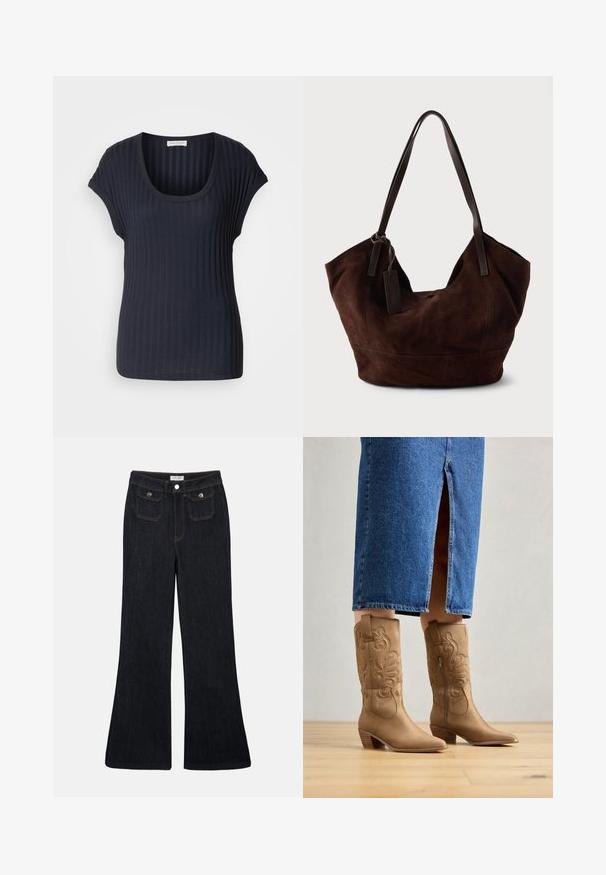 Donker marineblauwe geribbelde T-shirt met een ronde hals en korte capmouwen. Gemaakt van een zachte, rekbare stof, met een gladde textuur en een getailleerde pasvorm.; Flared donkerdenim jeans met een hoge taille, twee voorzakken en oranje stiksels. Het materiaal lijkt stevig en glad.; Tan leren westernlaarzen met decoratieve stiksels, een spitse neus en een gestapelde hak. Draag met een spijkerrok tot de knie, waardoor de laarzen zichtbaar zijn.; Bruine suède handtas met een zachte, slungelige vorm. Voorzien van leren handvatten en een tagaccent. Eenvoudige textuur met gebogen naden.