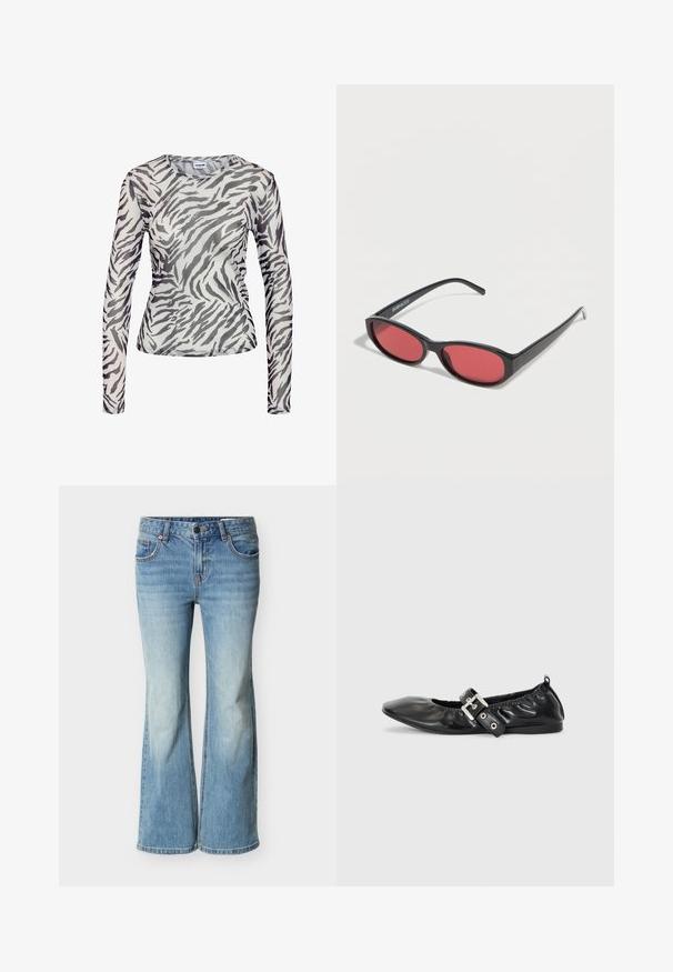 Noisy May NMJUDITH L/S MESH TOP BG NOOS - Top s dlhým rukávom - black; Svetlomodré rozšírené rifle z denimu, s klasickým dizajnom s piatimi vreckami, zapínaním na gombíky a postupným blednutím smerom k lemu.; Čierna kožená plochá obuv s špicatou špičkou, zberaným detailom okolo otvoru a strieborným prackovým akcentom na nastaviteľnom remienku.; Čierne oválne slnečné okuliare s tenkými ramenami a červenými tónovanými šošovkami ležia na bielom povrchu.