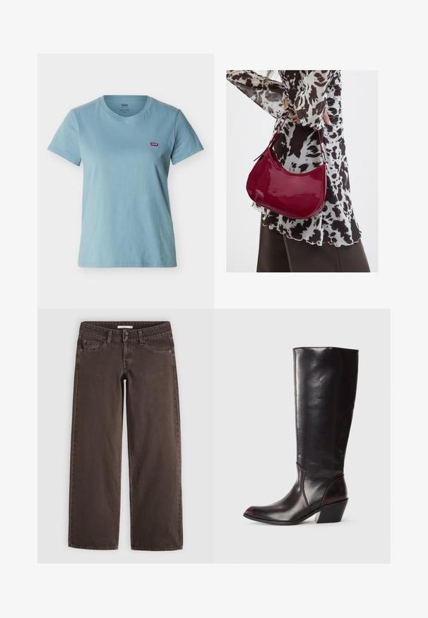 T-shirt bleu clair à manches courtes et col rond avec un patch logo Levi's rouge sur la poitrine gauche sur fond blanc.; Jean droit marron avec poches avant, petite poche pour pièces, passants de ceinture et fermeture à double bouton à la taille.; Botte en cuir brun foncé, à hauteur de genou, avec un bout pointu, un talon bloc angulaire et une texture lisse et brillante. Présente un design épuré et des détails de couture.; Femme portant un chemisier à motif noir et blanc tenant un sac à main rouge brillant sur un fond uni.