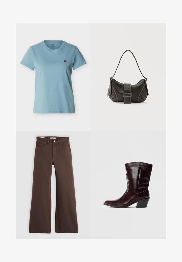 T-shirt bleu clair à manches courtes et col rond avec un patch logo Levi's rouge sur la poitrine gauche sur fond blanc.; Jeans marron à jambes larges, taille haute, cinq poches, et fermeture par bouton, posés à plat sur un fond clair.; Bottines en cuir bourgogne avec un bout pointu, une surface texturée et un petit talon effilé. Présente une couture discrète et un ajustement confortable.; Sac à épaule en cuir noir avec une sangle à boucle, des bords arrondis et des coutures blanches contrastées sur un fond uni.