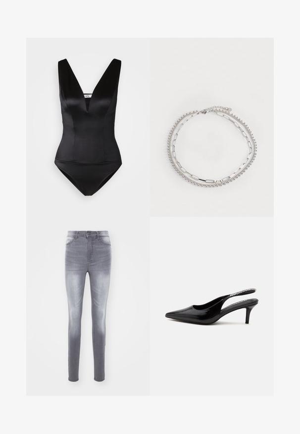 Maillot de bain une pièce noir avec un décolleté en V plongeant, finition satinée lisse et design ajusté. Pas de motifs ni d'ornements visibles.; Jean skinny en denim gris délavé, présentant une taille haute, un design standard à cinq poches et un léger effet de décoloration sur le devant.; Chaussure noire à talon kitten avec bout pointu et bride arrière, ornée d'une rangée de petits strass transparents sur la bride, sur fond blanc.; Bracelet en argent à trois brins : un brin avec de petites perles, un brin avec des maillons ovales et un brin avec des barres plates. Dispose d'une chaîne d'extension pour un ajustement.