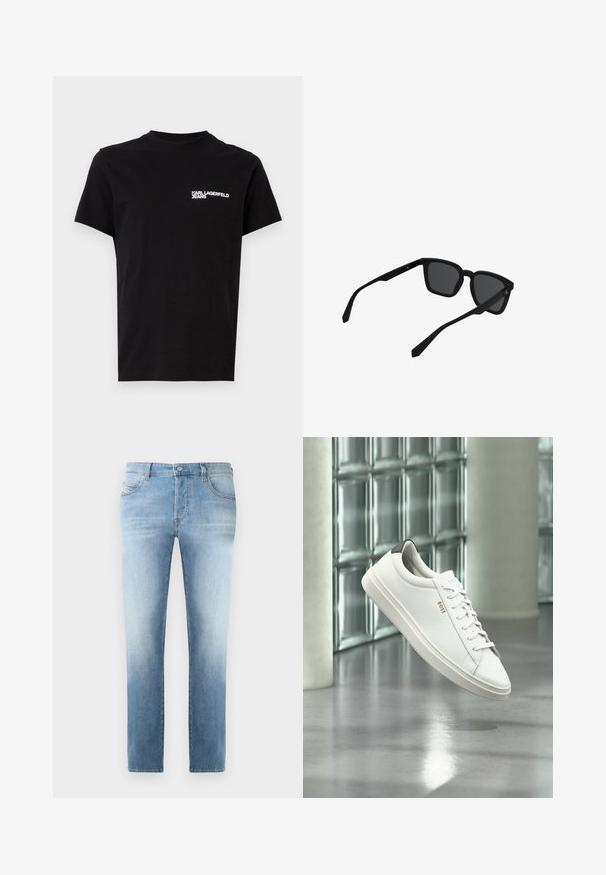 Camiseta negra de algodón, con cuello redondo y mangas cortas. Texto del logo en blanco destacado en el área del lado izquierdo del pecho. Diseño simple.; Jeans de mezclilla azul claro con un acabado ligeramente desgastado, diseño de pierna recta, estilo de cinco bolsillos y cierre de botón de metal en la cintura.; Zapatilla deportiva de piel blanca de corte bajo con cordones, lengüeta negra en el talón y logo "BOSS", flotando en interiores cerca de una pared de bloques de vidrio y suelo pulido.; Gafas de sol rectangulares negras con montura gruesa y lentes oscuras mostradas ligeramente inclinadas sobre un fondo blanco.