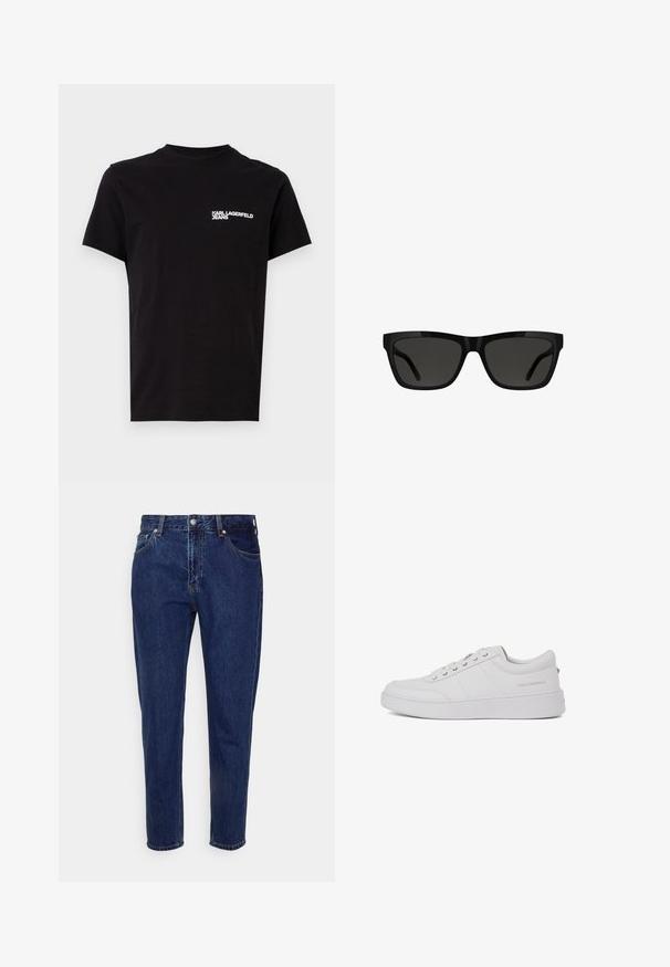 Schwarzes T-Shirt aus Baumwolle mit Rundhalsausschnitt und kurzen Ärmeln. Auffälliger weißer Logo-Text auf der linken Brustseite. Einfaches Design.; Dunkelblaue Jeans mit geradem Bein, vorderer Knopf- und Reißverschluss, Gürtelschlaufen sowie Vorder- und Gesäßtaschen.; Weiße Leder-Sneaker mit klassischem Low-Top-Design, flacher Sohle und dezentem Markenlogo an der Ferse. Verfügt über fünf Metallösen für die Schnürsenkel.; Schwarze Sonnenbrille mit rechteckiger Form, glänzendem Kunststoffrahmen, dunklen Gläsern und elegantem Bügeldesign, geeignet für verschiedene Gesichtsformen.