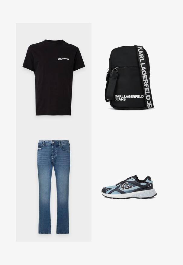 Schwarzes T-Shirt aus Baumwolle mit Rundhalsausschnitt und kurzen Ärmeln. Auffälliger weißer Logo-Text auf der linken Brustseite. Einfaches Design.; Blaue Jeans aus Denim mit geradem Bein, Fünf-Taschen-Design und ausgewaschenem Finish. Verfügt über einen Taillenbund mit Gürtelschlaufen und Metallknopfverschluss.; Sportschuh mit einem Obermaterial aus blauem und navy Netz, schwarzen Akzenten, strukturierten Überzügen, leichter Sohle und einem hervorgehobenen Logo an der Seite.; Schwarze Stoff-Crossbody-Tasche mit rechteckiger Form, ausgestattet mit einer Reißverschlusstasche an der Vorderseite und einem kontrastierenden Logo-Gurt in Weiß.