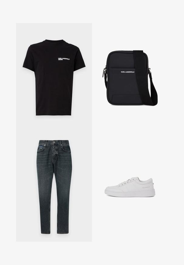 Must musta, mis on valmistatud puuvillast, laia kaelusega ja lühikeste varrukatega. Vasakul rinnal on silmatorkav valge logo tekst. Lihtne disain.; Tumedad halli denim püksid otse lõikega, viie tasku, nööpkinnis ja kerge kulumine. Valmistatud puuvillast, millel on sile tekstuur.; Valge nahast tennisetossud klassikalise madala disainiga, tasase tallaga ja peene kaubamärgiga logoga kanna peal. Omab viit metallist silma lukkude jaoks.; Must ristkülikukujuline õlakott reguleeritava rihmaga, esitasku ja "KARL LAGERFELD" valge tekstiga logoga.