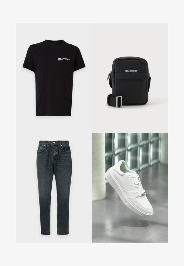 Camiseta negra de algodón, con cuello redondo y mangas cortas. Texto del logo en blanco destacado en el área del lado izquierdo del pecho. Diseño simple.; Jeans de mezclilla gris oscuro con un diseño de pierna recta, cinco bolsillos, cierre de botón y un ligero desgaste. Hechos de algodón con una textura suave.; Zapatilla deportiva de cuero blanco con punta redondeada, cierre frontal con cordones y suela plana de goma. Presenta detalles perforados y un sutil acento con el logo.; Bolso bandolera negro compacto con correa ajustable y bolsillo delantero, con el logo blanco de Karl Lagerfeld y texto con la dirección de París.