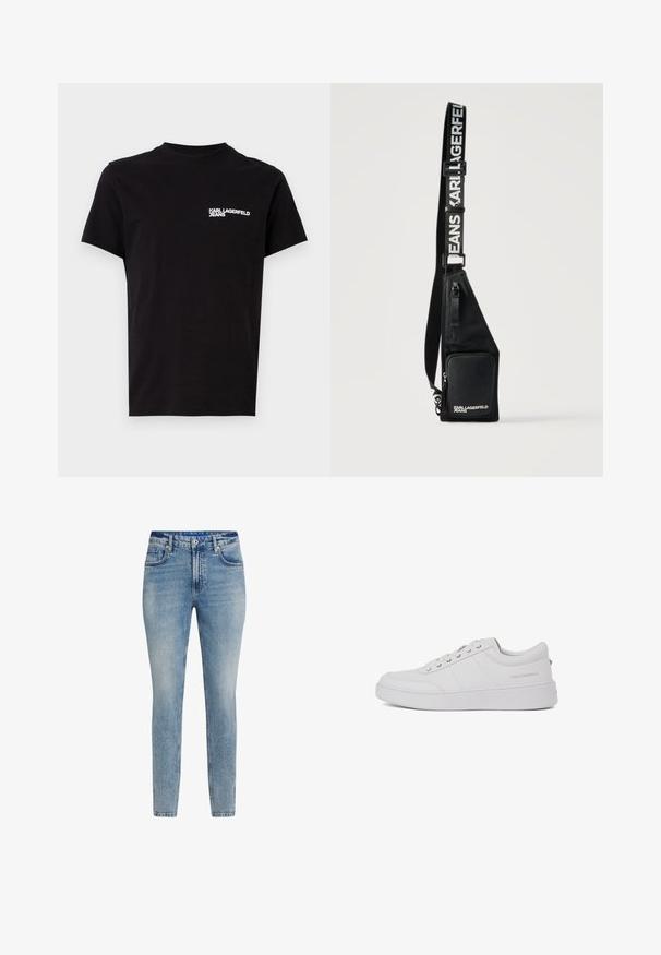 T-shirt noir en coton, avec un col ras du cou et des manches courtes. Texte logo blanc notable sur la zone de la poitrine gauche. Design simple.; Jeans en denim bleu clair, coupe slim. Présente un design à cinq poches, fermeture par bouton et un léger délavage. Texture lisse et coupe straight.; Baskets blanches en cuir avec un design classique à tige basse, semelle plate et logo de marque discret sur le talon. Présente cinq œillets métalliques pour les lacets.; Sac bandoulière noir avec poche à zip avant et sangle réglable imprimée de "KARL LAGERFELD JEANS" en lettres blanches.