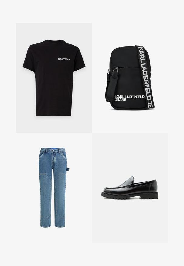 Zwarte T-shirt van katoen, met een ronde hals en korte mouwen. Opvallende witte logo-tekst op de linkerkant van de borst. Eenvoudig ontwerp.; Blauwe denim jeans met een rechte pijpdesign, voorzien van contrasterende patches, twee voorzakken en een zichtbare lusdetail aan de zijkant.; Zwarte leren loafer met dikke rubberen zool, gestikte bovenkant en gegraveerde merknaam op de hiel, zijaanzicht op witte achtergrond.; Zwarte stoffen schoudertas met een rechthoekige vorm, voorzien van een ritsvak aan de voorkant en een contrasterende logo-riem in het wit.