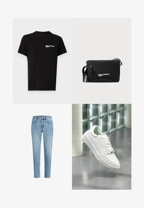 Zwarte T-shirt van katoen, met een ronde hals en korte mouwen. Opvallende witte logo-tekst op de linkerkant van de borst. Eenvoudig ontwerp.; Lichtblauwe denim jeans met een relaxed fit, vijf zakken ontwerp en subtiele wassing. Bevat een merklabel nabij de taille.; Witte leren sneaker met een afgeronde neus, vetersluiting aan de voorkant en een platte rubberen zool. Voorzien van geperforeerde details en een subtiel logo-accent.; Zwarte boodschappentas van glad nylon. Voorzien van een verstelbare band, een voorvak met ritssluiting en een wit gedrukt logo. Rechthoekige vorm met een minimalistisch ontwerp.
