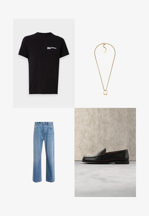 Schwarzes T-Shirt aus Baumwolle mit Rundhalsausschnitt und kurzen Ärmeln. Auffälliger weißer Logo-Text auf der linken Brustseite. Einfaches Design.; Helle blaue Jeans im Geradeschnitt-Design, mit fünf Taschen, Knopfverschluss, minimaler Ausbleichung und kontrastierenden Nähdetails.; Schwarzer Pennyloafer aus Leder mit niedrigem Absatz, abgerundeter Spitze und genähten Details vorne und an den Seiten, gezeigt vor neutralem Hintergrund.; Goldkette mit flachem ringförmigem Anhänger und verstellbarem Verschluss vor weißem Hintergrund.