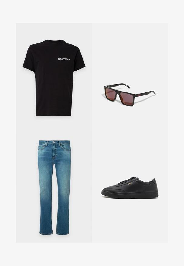 T-shirt noir en coton, avec un col ras du cou et des manches courtes. Texte logo blanc notable sur la zone de la poitrine gauche. Design simple.; Jean en denim bleu avec une coupe droite, présentant une finition délavée, des distresses légères au niveau des genoux et un design classique à cinq poches.; Baskets en cuir noir avec une texture lisse, bout rond, semelle en caoutchouc plate et lacets ton sur ton. Présente une marque "BOSS" dorée sur le côté.; Lunettes de soleil rectangulaires noires avec des verres rouge foncé, présentant une finition mate et un logo rouge sur la branche. Monture en plastique robuste.