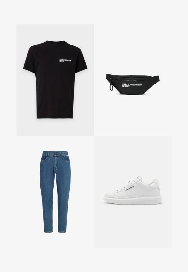 Sort T-shirt i bomuld med rund hals og korte ærmer. Bemærkelsesværdig hvid logo tekst på venstre brystområde. Simpelt design.; Blå denimjeans med høj talje og lige ben. Funktioner inkluderer klassisk fem-lomme design, bæltestropper og mærke-logo på taljen.; Hvide sneakers lavet af glat læder med prægede mønstre. Har rund tå, snørebånd foran og struktureret sål. Sølvlogo detalje på siden.; Sort talje taske med lynlås og hvid "KARL LAGERFELD JEANS" logo på fronten og justerbar strop på begge sider.