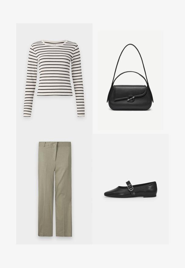 T-shirt à rayures longues en crème et noir. Présente un col rond, une texture côtelée et un design ajusté avec des rayures horizontales.; Pantalon vert olive clair, coupe ajustée, avec une taille plate, deux poches latérales et un tissu lisse et texturé. Pas de motifs ni d'accents visibles.; Chaussure plate en cuir noir avec un bout arrondi, une seule sangle réglable à boucle et une texture lisse et brillante. Design minimaliste avec un petit talon.; Sac à main en cuir noir avec bords arrondis, rabat asymétrique, fermoir circulaire en métal, et des bandoulières courtes et longues.