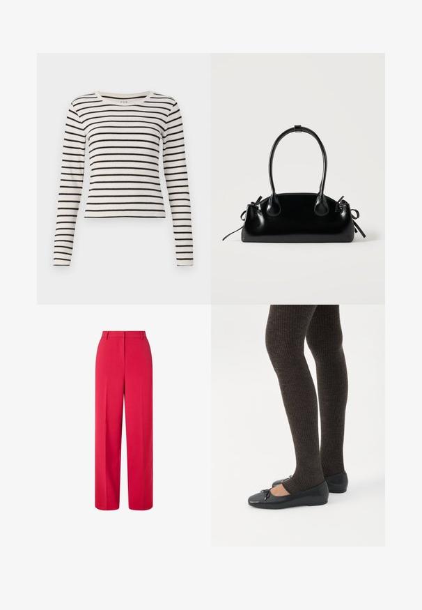 T-shirt à rayures longues en crème et noir. Présente un col rond, une texture côtelée et un design ajusté avec des rayures horizontales.; Pantalons larges rouges taille haute avec passants de ceinture et fermeture frontale dissimulée sur fond blanc.; Jambes portant des leggings côtelés foncés associés à des ballerines noires avec de petits détails en nœud sur fond blanc.; Petit sac à main noir brillant avec deux longues anses et des détails à cordon sur les côtés sur un fond clair uni.