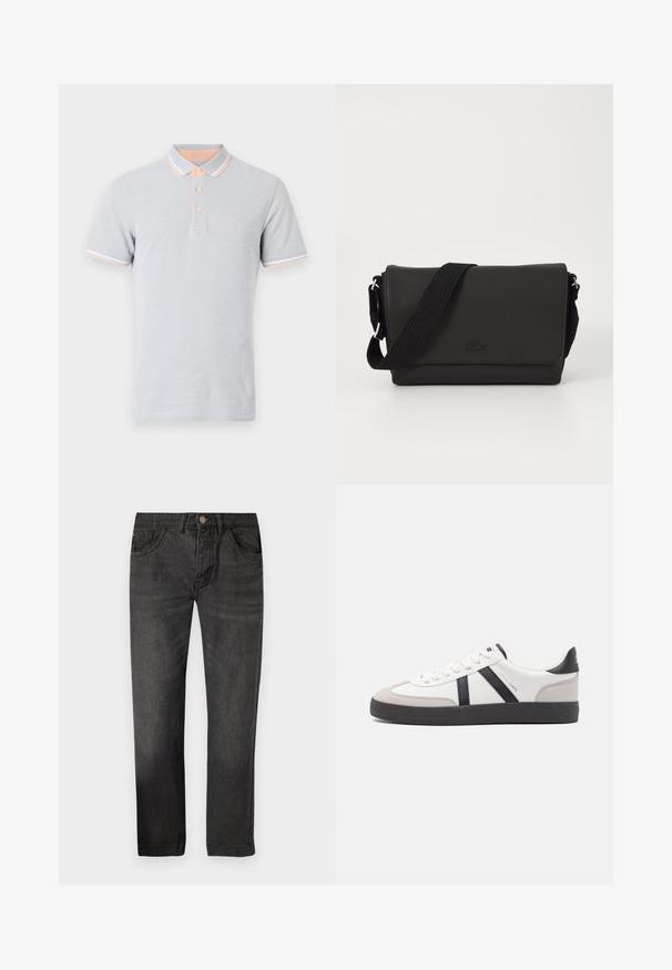 Polo de color gris claro, de manga corta, con cuello y puños en color durazno con acentos blancos, tres botones, logo bordado en el pecho.; Jeans de mezclilla negra con corte recto, cinco bolsillos y cremalleras. La tela tiene una textura suave con un ligero efecto desgastado.; Zapatilla blanca con acentos en negro y gris, que presenta una puntera texturizada en gris, suela de goma negra y cordones planos blancos. Diseño limpio, estilo minimalista.; Lacoste MESSENGER BAG MEN CLASSIC - Bandolera - noir