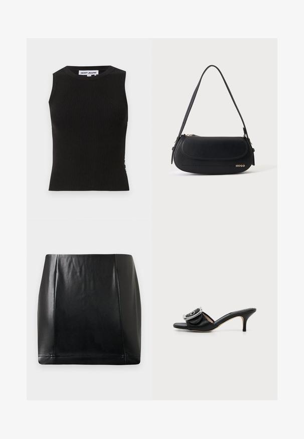 Débardeur noir côtelé avec un col rond, présentant une coupe ajustée et une texture subtile. Les côtes s'étendent sur tout le tissu.; Jupe mini en simili cuir noir avec un surpiqûre sur le panneau avant et une légère brillance, posée à plat sur un fond neutre.; Mule en cuir noir à bout ouvert, avec un petit talon aiguille et une grande boucle argentée sur la bride avant.; Sac à épaule en cuir noir avec rabat incurvé, logo doré "HUGO" sur le devant, et une bandoulière réglable.